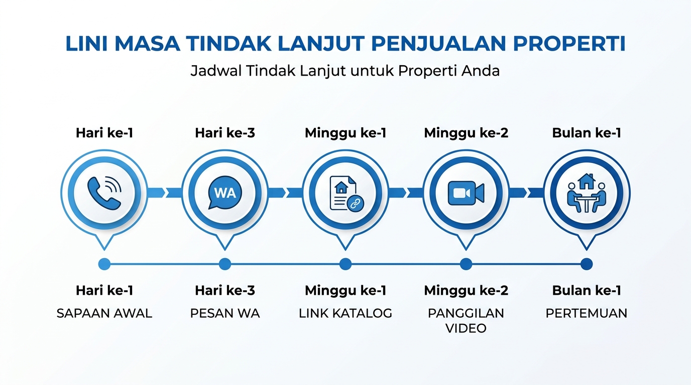 Infografik timeline jadwal follow up calon pembeli properti dari hari pertama sampai bulan pertama