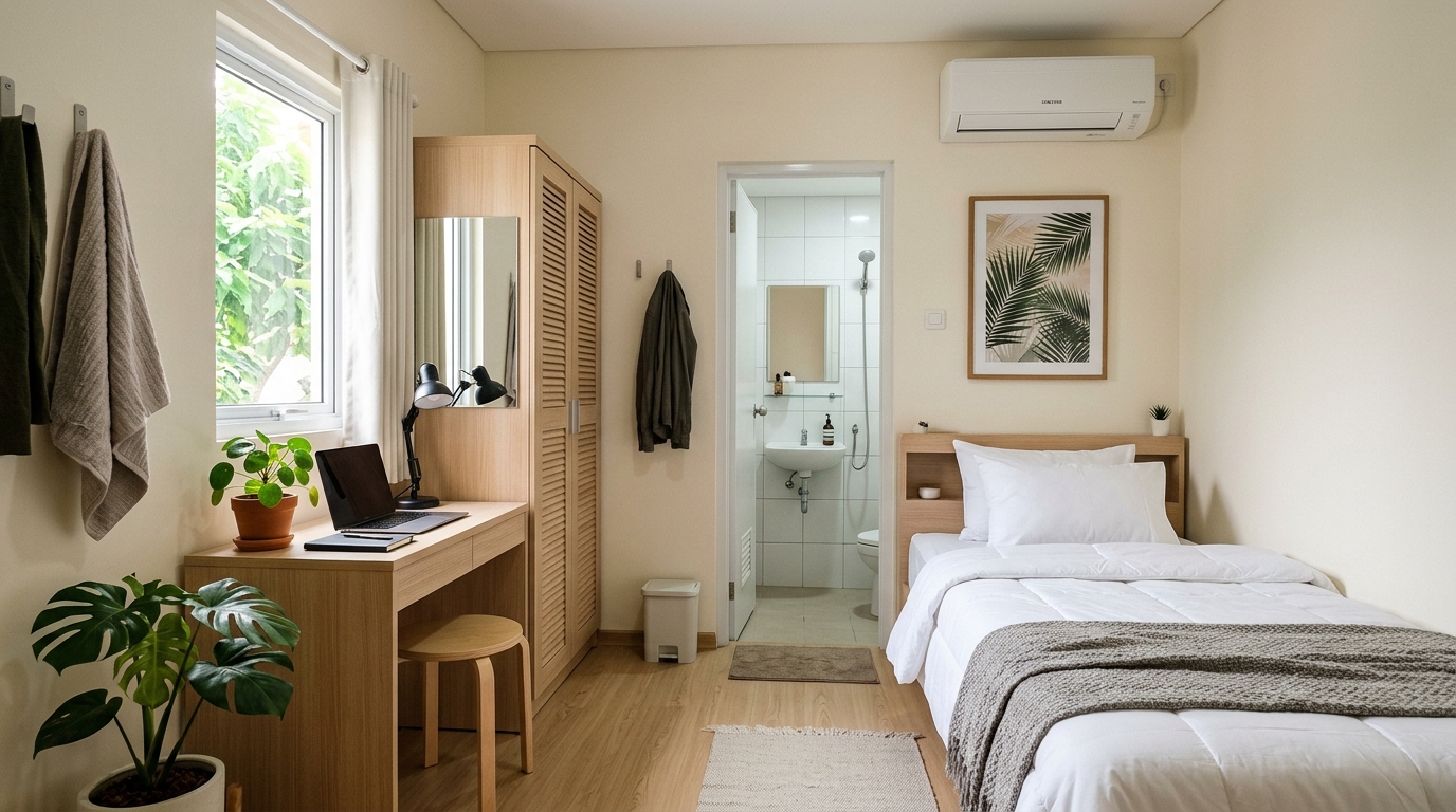 Contoh kamar kos modern yang bersih dan tertata rapi dengan pencahayaan yang baik