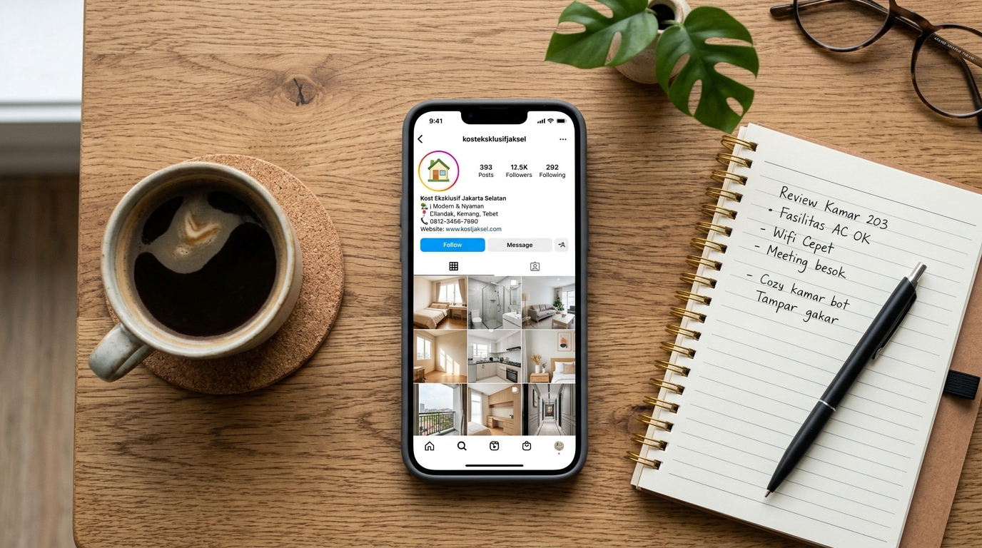 Promosi kos-kosan melalui Instagram dengan link bio mengarah ke katalog digital