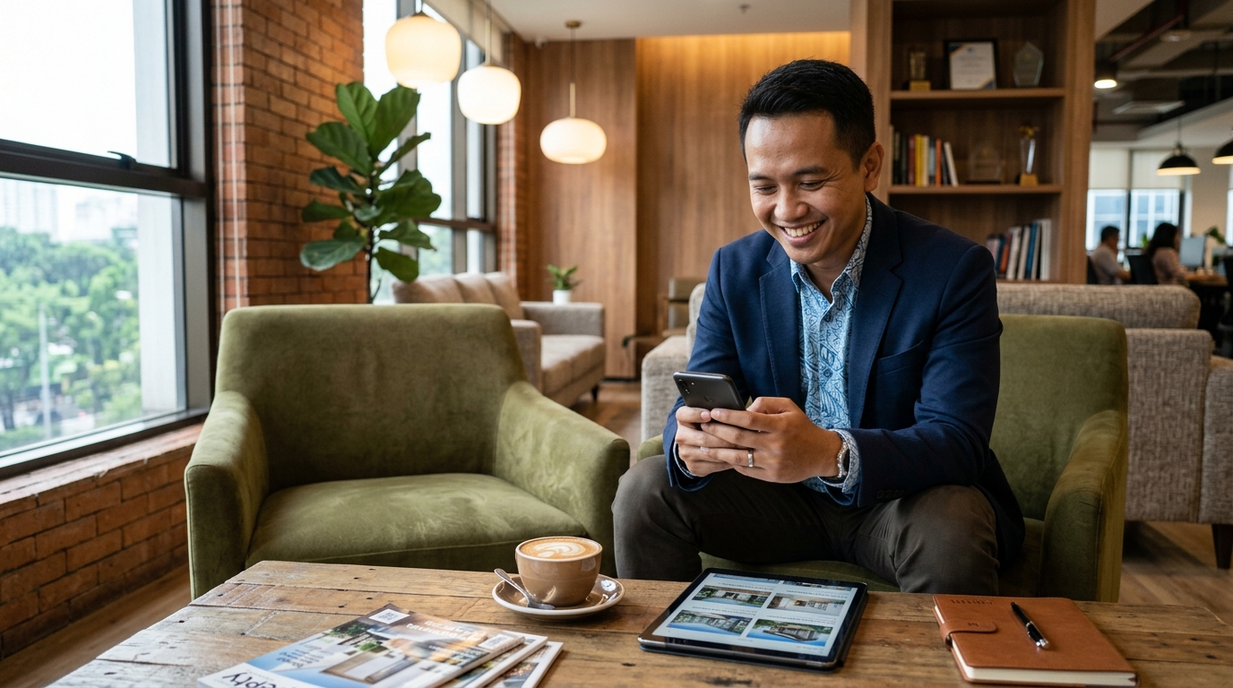 Agen properti profesional menerima pesan calon pembeli dari website katalog