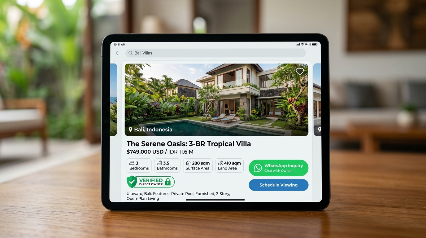 Fitur listing kartu properti interaktif dengan badge Direct Owner dan tombol WhatsApp