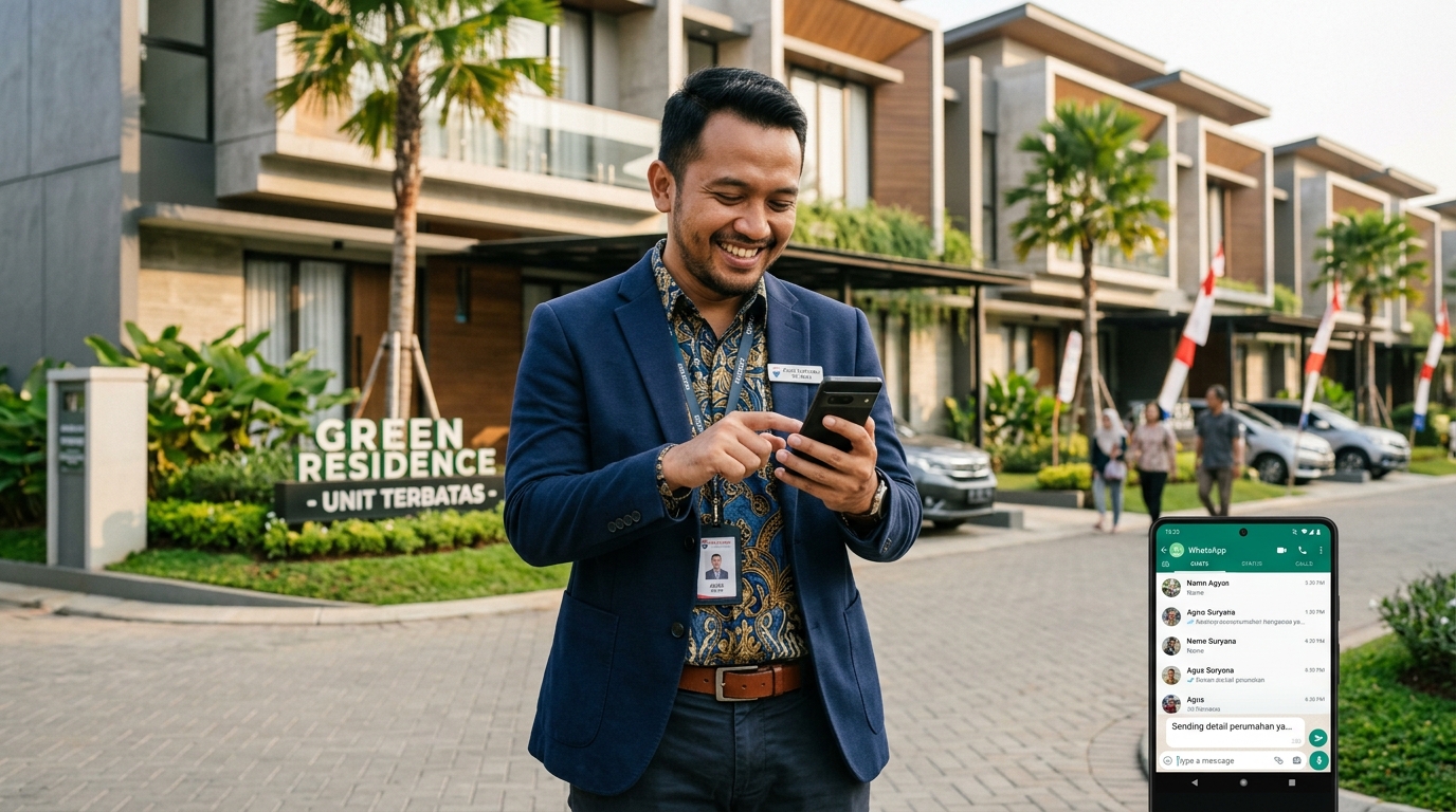 Agen properti melakukan follow up calon pembeli via WhatsApp di depan lokasi perumahan