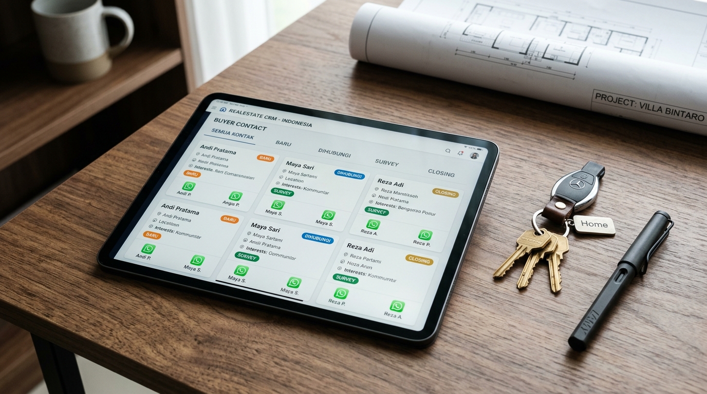 Antarmuka tablet manajemen leads properti dengan kategori Baru, Dihubungi, Survey, dan Closing