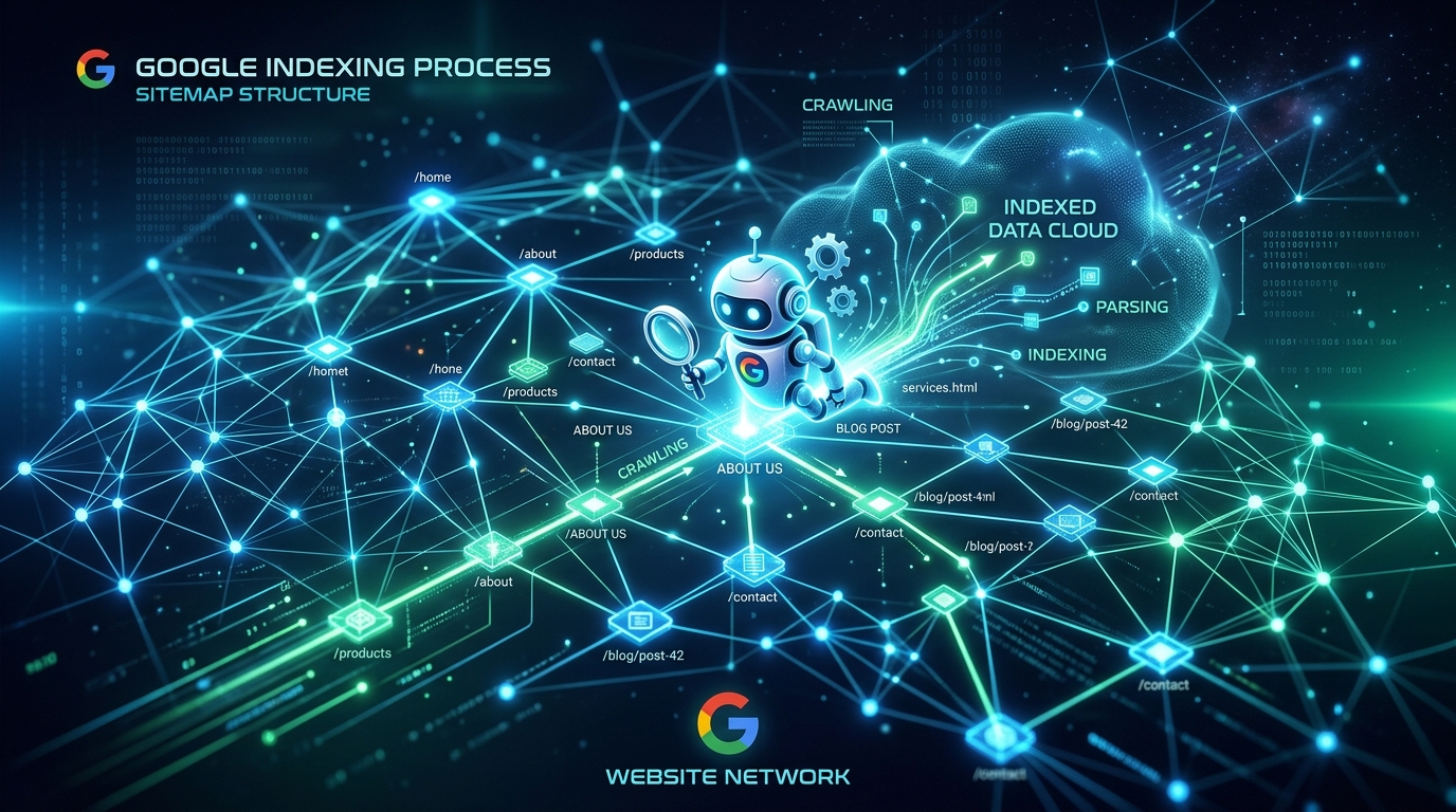 Ilustrasi proses Google indexing dan sitemap pada website properti